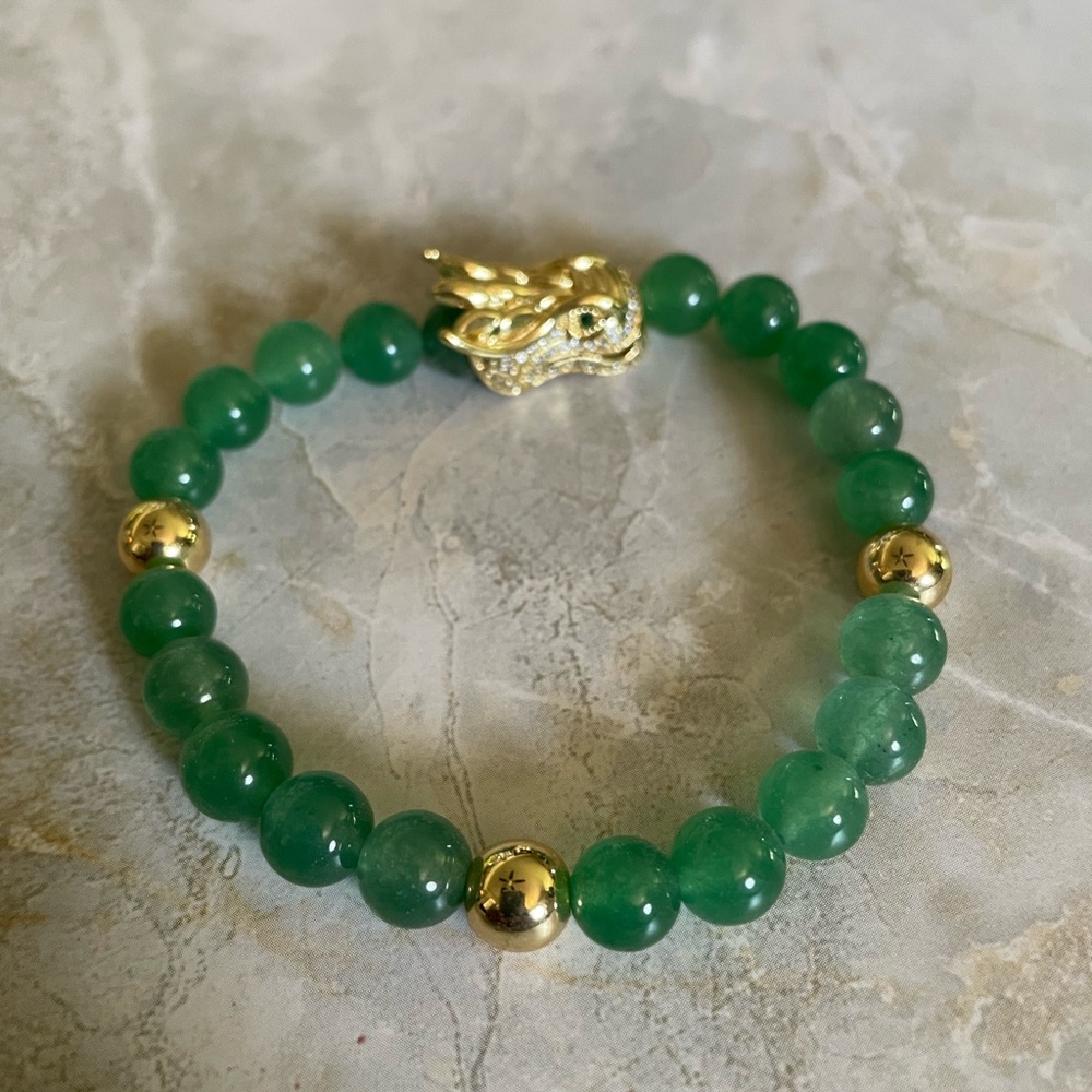 Green Beaded Bracelet with Gold Dragon Accents